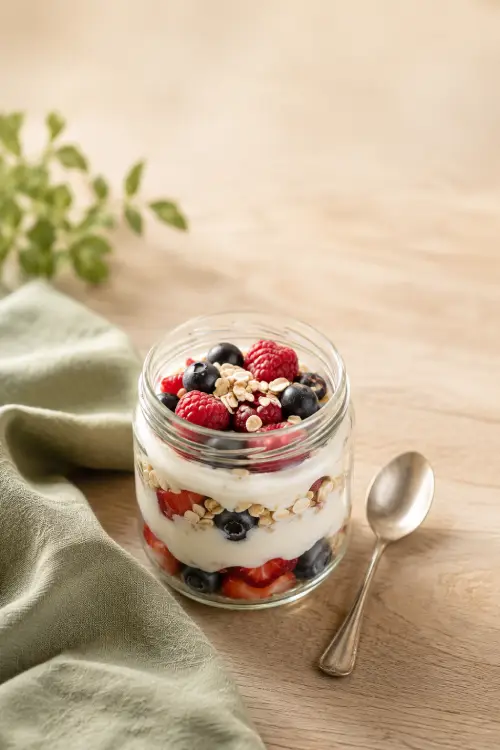 Alimentation sous GLP-1 : que manger avec moins d'appétit ? Petit pot de yaourt grec avec fruits rouges et flocons d’avoine, accompagné d’une cuillère sur une table en bois clair. Alimentation sous GLP-1