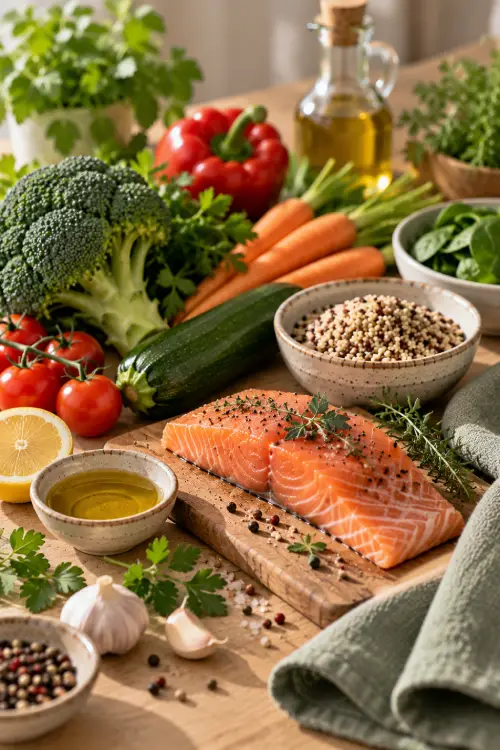Conservateurs alimentaires et diabète : ce que révèle l'étude NutriNet-Santé Légumes frais, filet de saumon, herbes aromatiques et huile d’olive sur une table en bois clair. Article sur les conservateurs alimentaires et diabète.