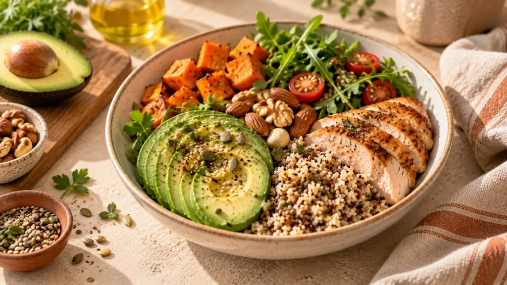 Insuffisance pondérale : pourquoi votre corps a besoin de plus d'énergie Assiette équilibrée composée d’avocat, de noix, de céréales complètes, de légumes et de poulet grillé. Insuffisance pondérale.