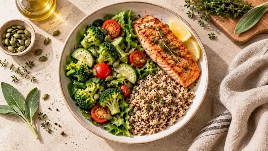 Surpoids et glycémie : ce qu'il faut vraiment comprendre Assiette équilibrée composée de saumon grillé, légumes verts et céréales complètes. Surpoids et glycémie.