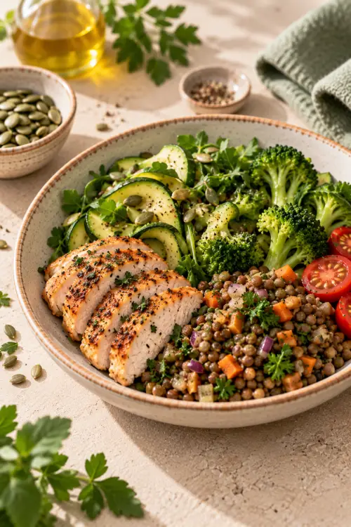 Obésité et glycémie : pourquoi un accompagnement médical fait la différence Assiette composée de poulet grillé, lentilles, légumes verts et courgettes pour un repas à index glycémique bas. Obésité et glycémie.