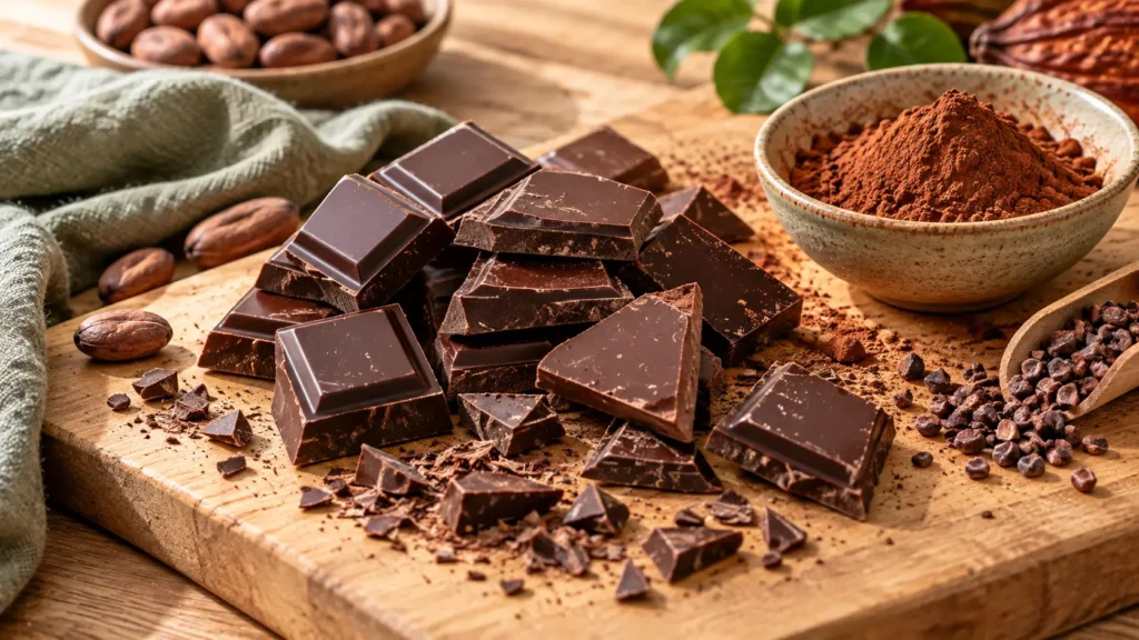 Chocolat noir et diabète : quel pourcentage de cacao choisir ? Morceaux de chocolat noir accompagnés de cacao en poudre et d’éclats de cacao sur une planche en bois.Chocolat noir et diabète.