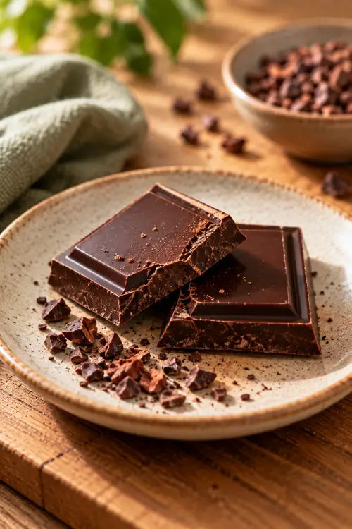 Chocolat noir et diabète : quel pourcentage de cacao choisir ? Deux carrés de chocolat noir sur une assiette avec quelques éclats de cacao. Chocolat noir et diabète.