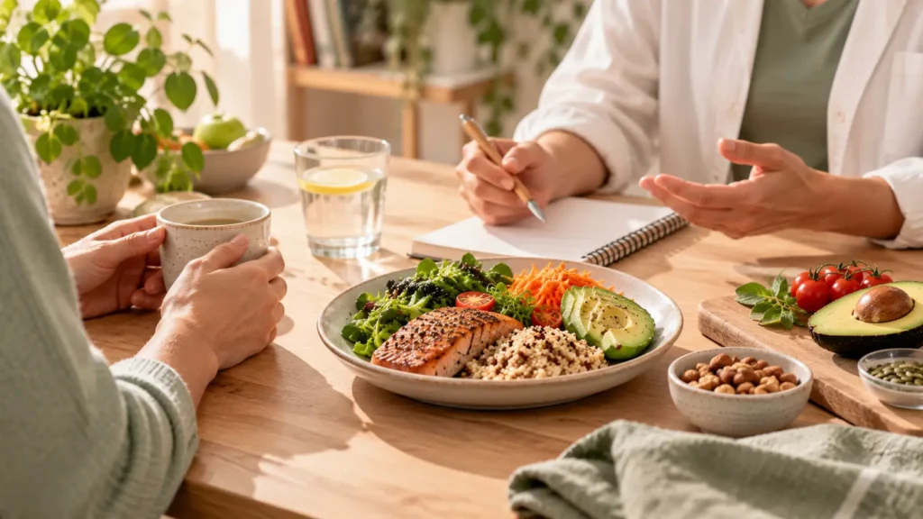 Obésité et glycémie : pourquoi un accompagnement médical fait la différence Consultation autour d’un repas équilibré avec un carnet et une assiette de saumon, légumes et céréales complètes. Obésité et glycémie