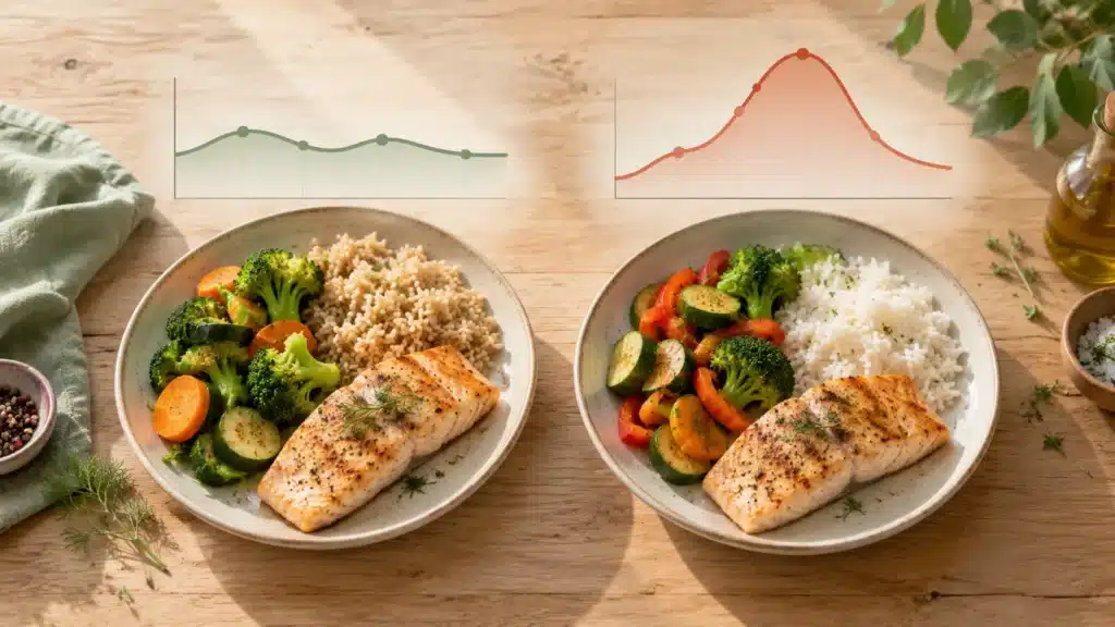 Pourquoi le même aliment ne fait pas monter votre glycémie comme celle de votre voisin ? Deux assiettes de saumon, riz et légumes accompagnées de courbes illustrant une réponse glycémique plus stable et une hausse plus importante. réponse glycémique individuelle
