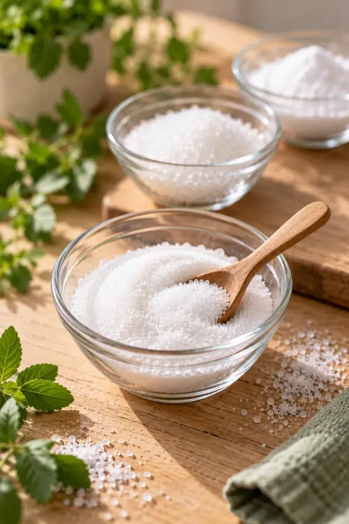 Érythritol, stévia, xylitol : quel édulcorant choisir ? Bol en verre contenant un édulcorant blanc en poudre avec une cuillère en bois, accompagné de deux autres bols en arrière-plan. Quel édulcorant choisir diabétique.