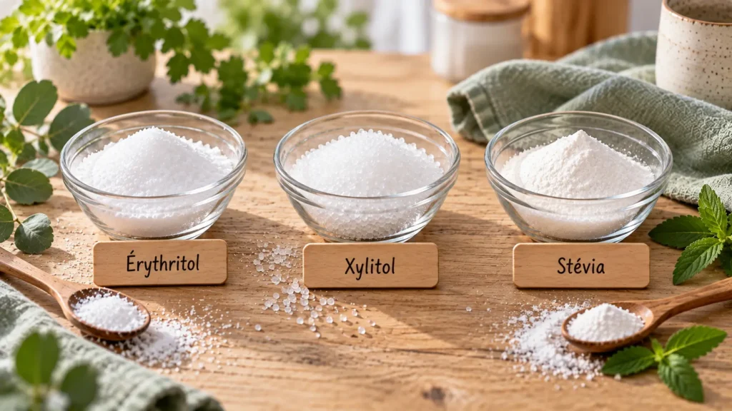 Érythritol, stévia, xylitol : quel édulcorant choisir ? Trois bols contenant de l’érythritol, du xylitol et de la stévia, présentés sur une table en bois. Quel édulcorant choisir diabétique.