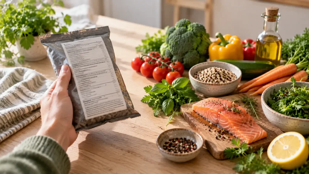 Conservateurs alimentaires et diabète : ce que révèle l'étude NutriNet-Santé Main tenant un emballage alimentaire à côté de légumes frais et de poisson sur une table en bois. Conservateurs alimentaires et diabète.