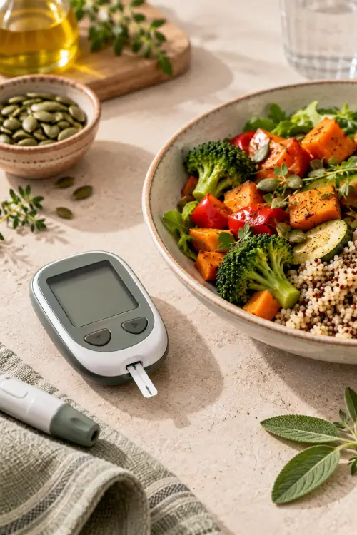 IMC normal et glycémie : deux sujets distincts Glucomètre posé à côté d’une assiette de légumes colorés et de quinoa sur un fond clair. IMC normale et glycémie