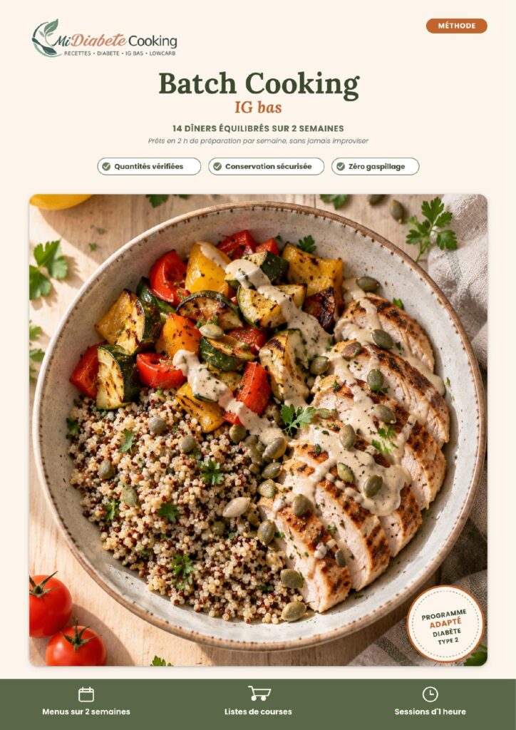 Couverture de l'ebook Batch Cooking IG bas de MiDiabète Cooking, 14 dîners équilibrés sur 2 semaines