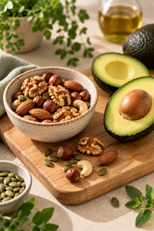 Insuffisance pondérale : pourquoi votre corps a besoin de plus d'énergie Bol de noix et d’amandes accompagné d’avocats coupés sur une planche en bois clair. Insuffisance pondérale.