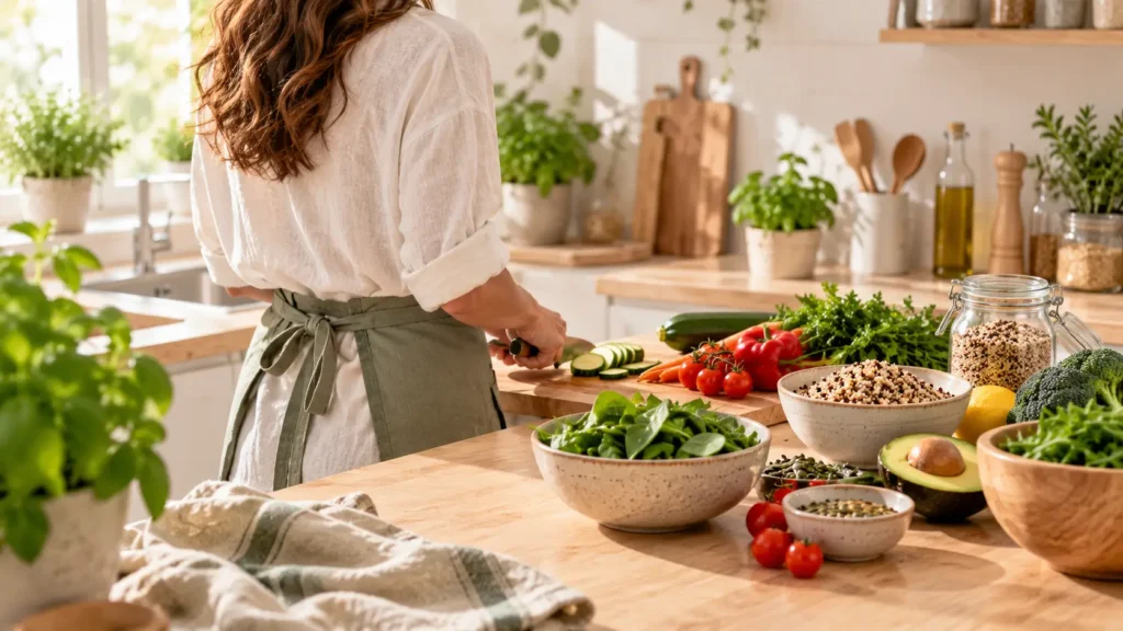 IMC normal et glycémie : deux sujets distincts Personne préparant un repas équilibré dans une cuisine lumineuse avec des légumes frais et des céréales complètes. IMC normale et glycémie