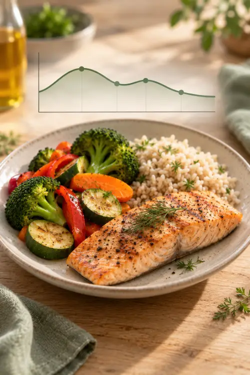 Pourquoi le même aliment ne fait pas monter votre glycémie comme celle de votre voisin ? Assiette de saumon grillé, riz et légumes accompagnée d'une courbe illustrant la réponse glycémique après le repas. réponse glycémique individuelle