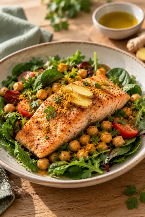Alimentation anti-inflammatoire et diabète : le lien méconnu Saumon grillé servi sur une salade de légumes verts et pois chiches avec du curcuma et du gingembre frais.