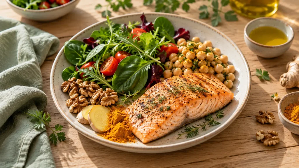 Alimentation anti-inflammatoire et diabète : le lien méconnu Assiette de saumon grillé accompagnée de légumes verts, pois chiches, noix, curcuma et gingembre frais.