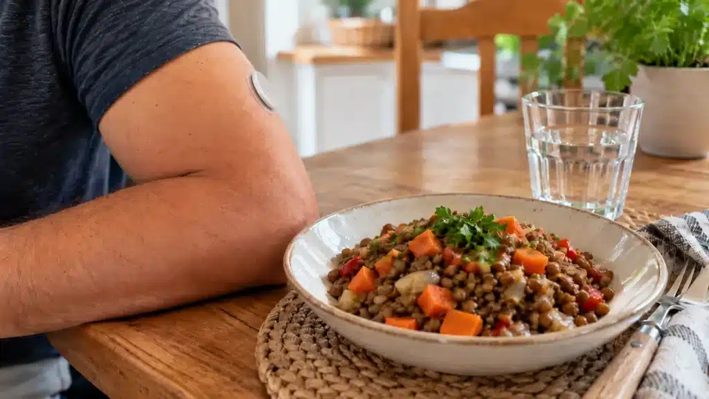 Capteur de glycémie et diabète de type 2 : ce que change la nouvelle étude CONNECT Capteur de glycémie sur le haut du bras à côté d’une assiette de lentilles aux légumes.