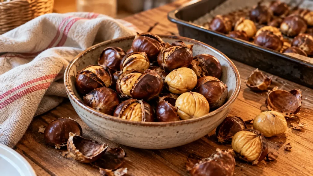 Châtaignes et diabète : nature, farine, crème, que choisir ? Châtaignes grillées dans un bol avec quelques châtaignes épluchées et des coquilles sur une table en bois.