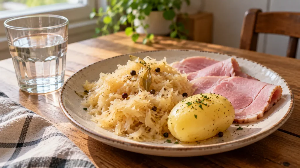 Choucroute et diabète : le chou, le sel et la garniture Assiette de choucroute avec jambon et pomme de terre sur une table en bois. Choucroute et diabète.
