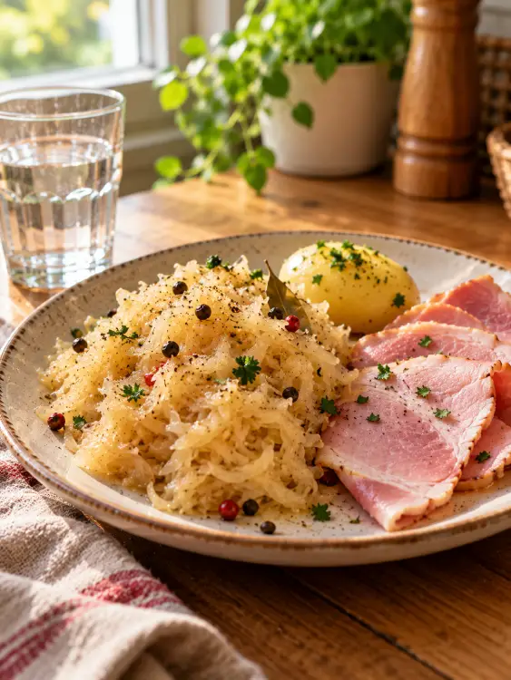 Choucroute et diabète : le chou, le sel et la garniture Assiette de choucroute avec jambon et pomme de terre sur une table en bois. Choucroute et diabète.