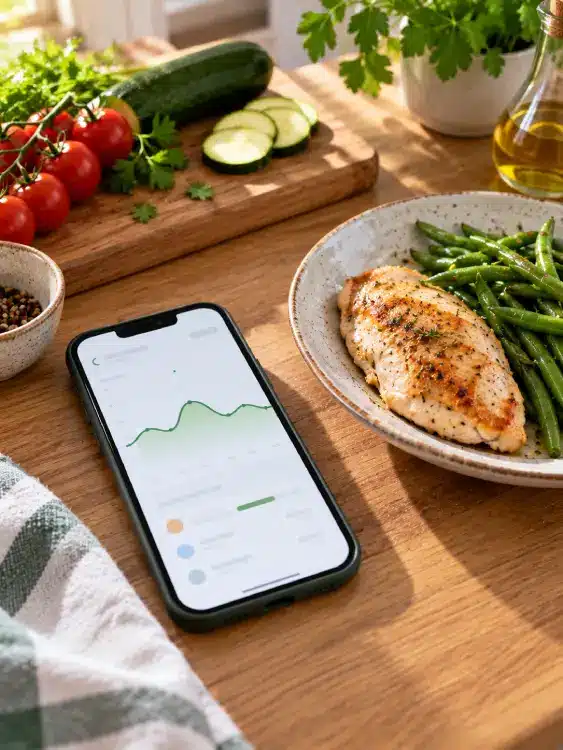 Capteur de glycémie et diabète de type 2 : ce que change la nouvelle étude CONNECT Téléphone affichant une courbe de glycémie à côté d’un repas de poulet et haricots verts.