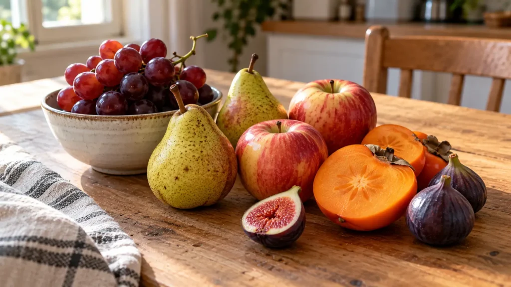 Fruits d'automne et diabète : lesquels choisir et comment ? Raisins, pommes, poires, kaki et figues disposés sur une table en bois. Fruits d'automne et diabète.