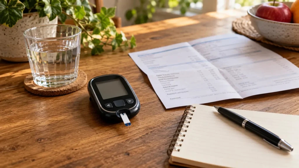 HbA1c et diabète : comprendre son taux et son objectif Glucomètre posé à côté d’un bilan sanguin, d’un verre d’eau et d’un carnet sur une table en bois.