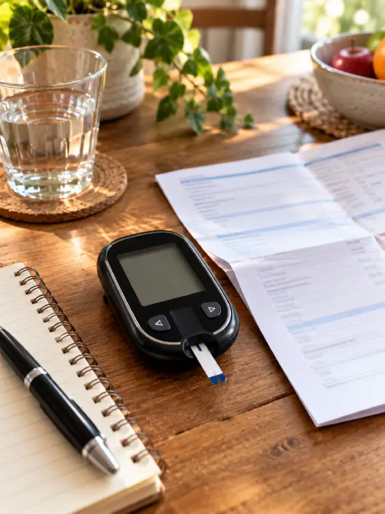 HbA1c et diabète : comprendre son taux et son objectif Glucomètre avec bandelette de test à côté d’un bilan sanguin et d’un carnet sur une table en bois.