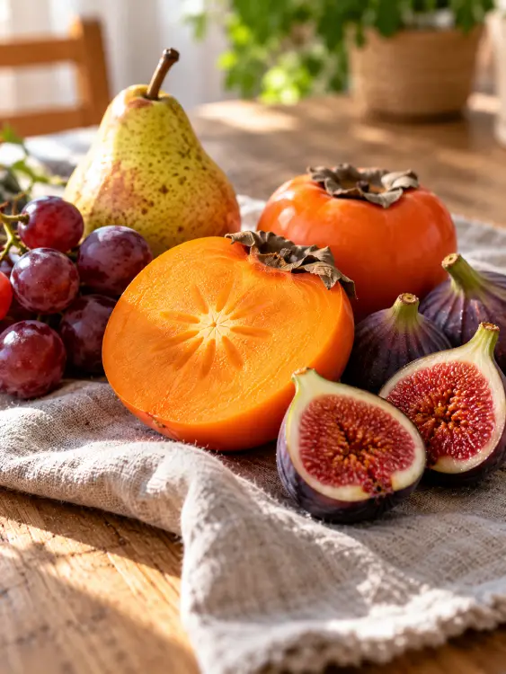 Fruits d'automne et diabète : lesquels choisir et comment ? Kaki coupé en deux avec des figues, une poire et des raisins sur un linge en lin. Fruits d'automne et diabète.