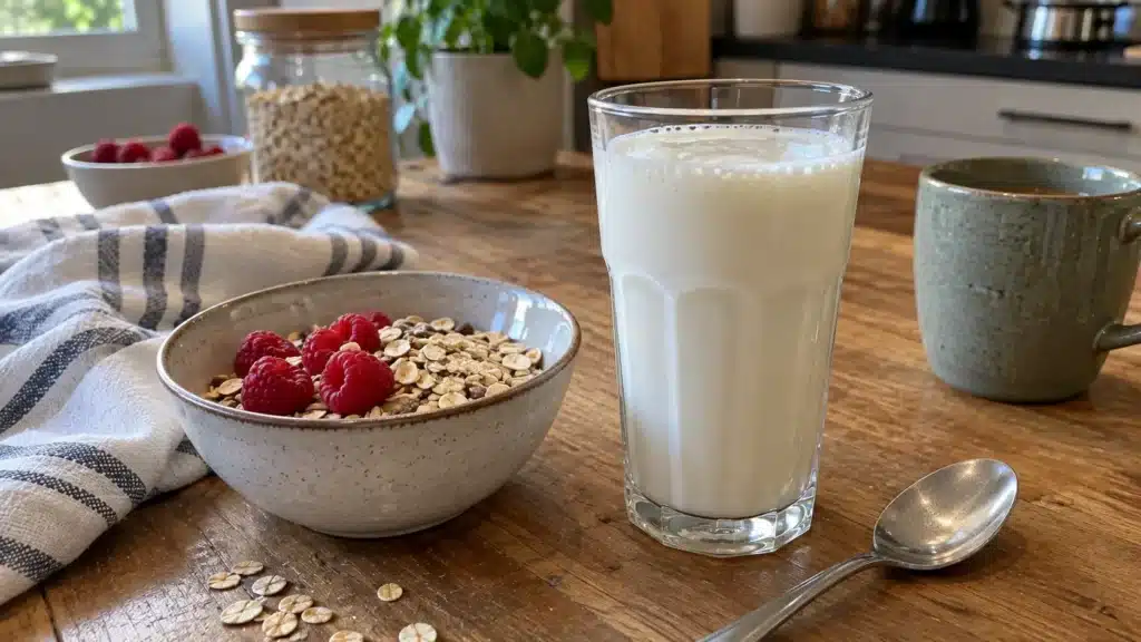 Kéfir et diabète : ce que disent vraiment les études Verre de kéfir de lait accompagné d’un bol de flocons d’avoine et de framboises. Kéfir et diabète.