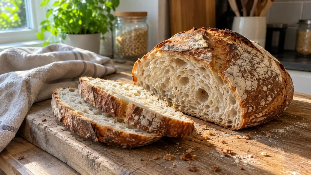 Pain au levain et diabète : est-il vraiment meilleur pour la glycémie ? Pain au levain maison tranché sur une planche en bois, avec une mie irrégulière et alvéolée. Pain au levain et diabète.