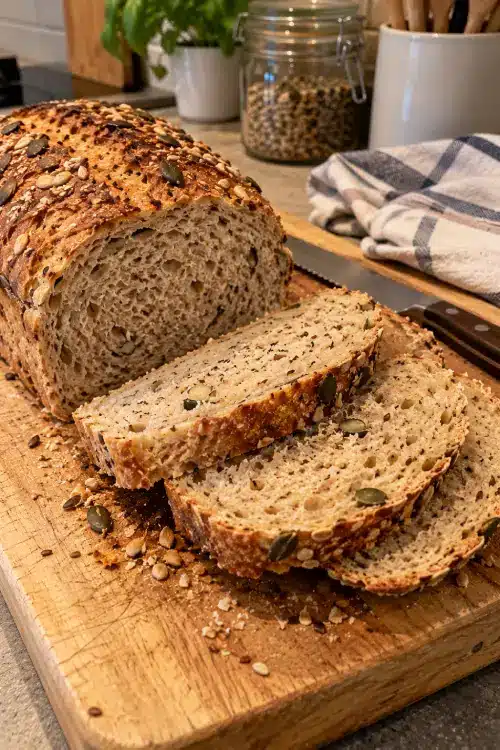 Psyllium et diabète : ce que disent vraiment les études Pain maison aux graines coupé en tranches sur une planche en bois. Psyllium et diabète.