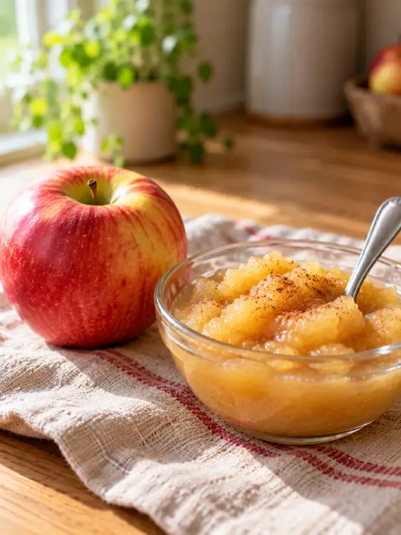 Pomme ou compote et diabète : laquelle rassasie le mieux ? Pomme entière à côté d’un bol de compote de pommes maison. Pomme ou compote et diabète.