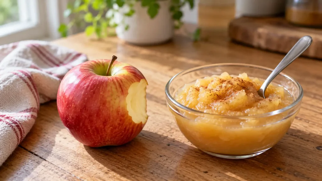 Pomme ou compote et diabète : laquelle rassasie le mieux ? Pomme rouge croquée à côté d’un bol de compote de pommes. Pomme ou compote et diabète.
