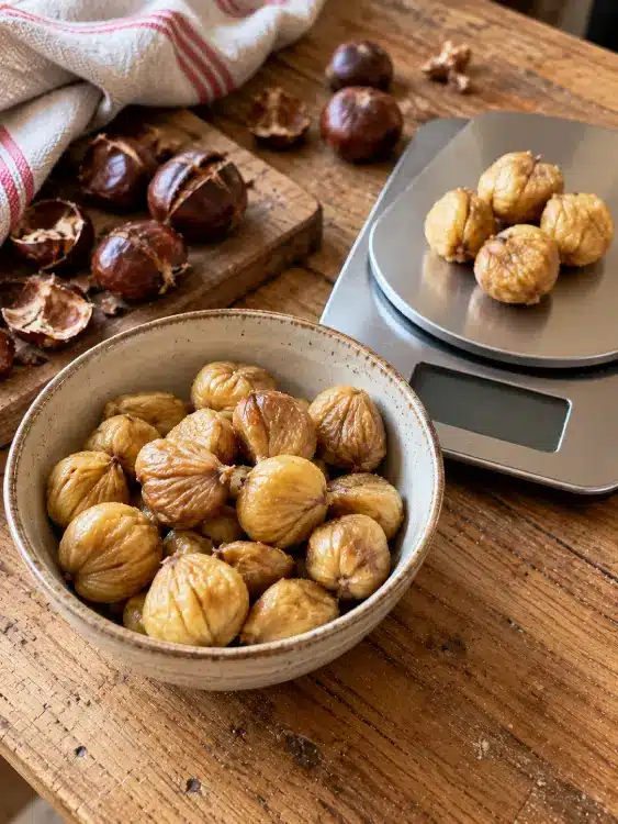 Châtaignes et diabète : nature, farine, crème, que choisir ? Portion de châtaignes cuites dans un bol avec une balance de cuisine.