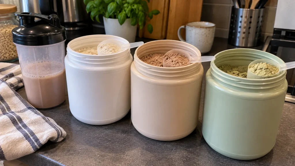 Protéines en poudre et diabète : whey, caséine ou végétales ? Trois pots de poudre protéinée avec leurs cuillères doseuses sur un plan de travail de cuisine. Protéines en poudre et diabète.
