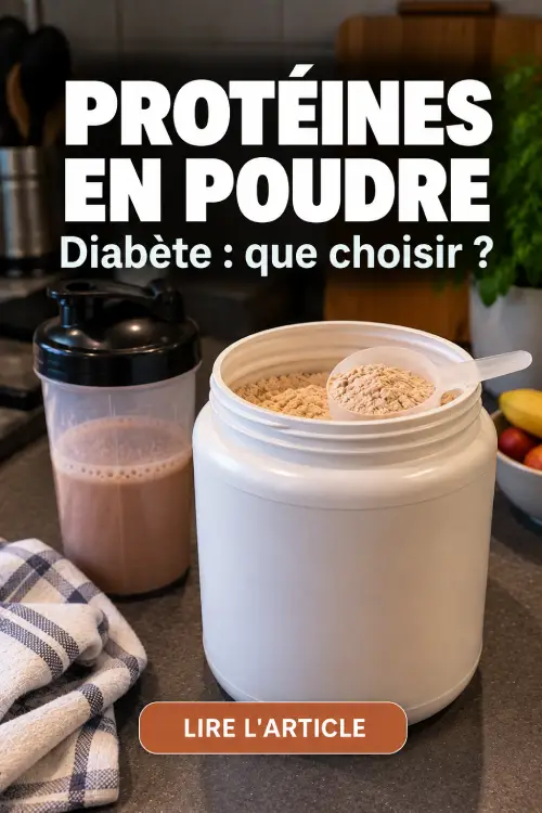 Protéines en poudre et diabète : whey, caséine ou végétales ? Pot de protéines en poudre avec une cuillère doseuse et un shaker sur un plan de travail. Protéines en poudre et diabète.