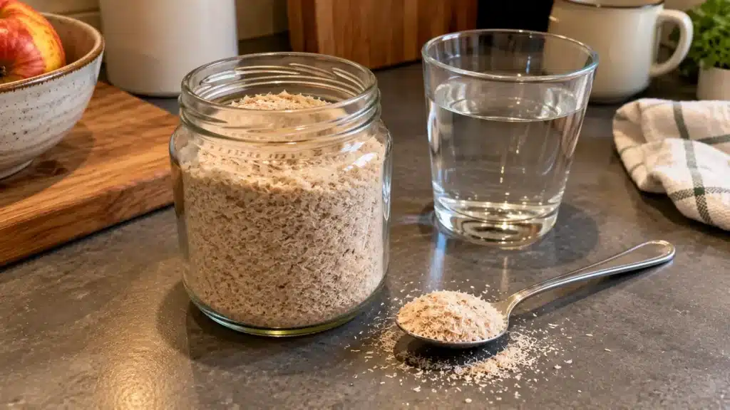Psyllium et diabète : ce que disent vraiment les études Pot de psyllium en poudre avec une cuillère et un verre d’eau sur un plan de travail de cuisine. Psyllium et diabète.