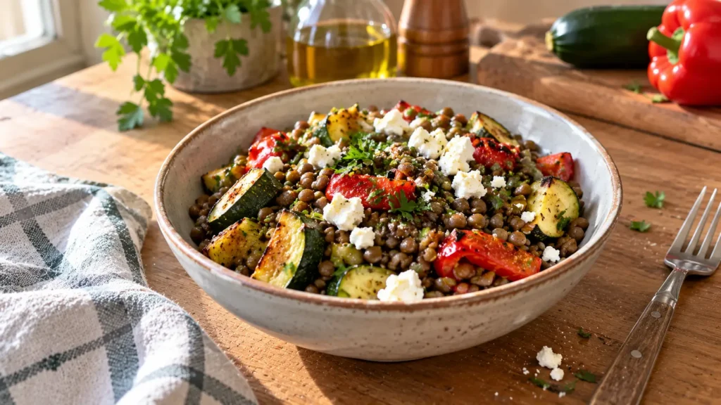 Pancréas et diabète : peut-on l'aider à produire de l'insuline ? Salade de lentilles vertes avec courgettes, poivrons rôtis et feta dans un bol. Pancréas et diabète.