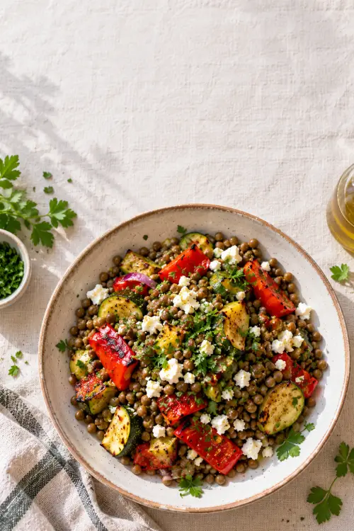 Pancréas et diabète : peut-on l'aider à produire de l'insuline ? Salade de lentilles avec légumes rôtis et herbes fraîches dans une assiette. Pancréas et diabète.
