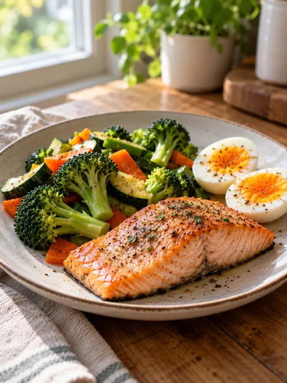 Vitamine D et diabète : ce que disent vraiment les études Assiette de saumon avec légumes et œuf sur une table de cuisine. Vitamine D et diabète.