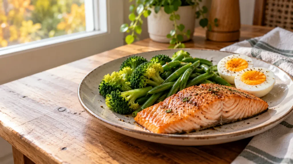 Vitamine D et diabète : ce que disent vraiment les études Assiette de saumon avec légumes verts cuits à la vapeur et œuf. Vitamine D et diabète.