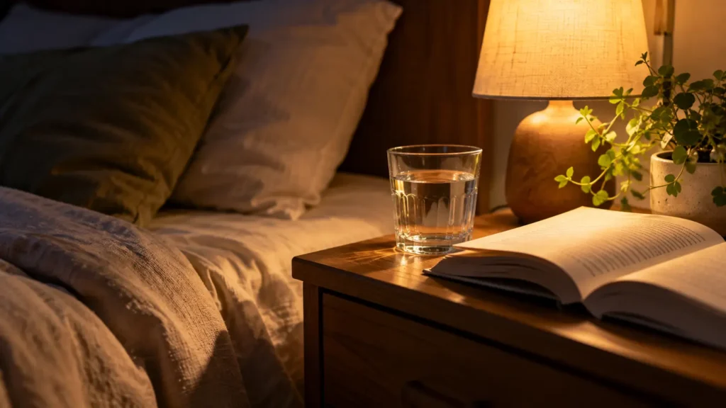 Diabète et réveils nocturnes : comprendre et en discuter Verre d’eau et livre ouvert sur une table de chevet éclairée par une lampe. Diabète et réveils nocturnes