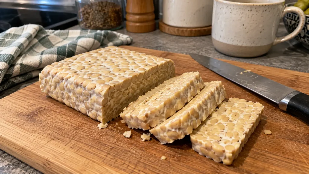 Tempeh et diabète : l'aliment fermenté à connaître Bloc de tempeh nature coupé en tranches sur une planche en bois dans une cuisine. Tempeh et diabète