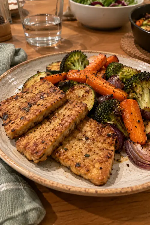 Tempeh et diabète : l'aliment fermenté à connaître Tranches de tempeh poêlées accompagnées de légumes rôtis dans une assiette. Tempeh et diabète