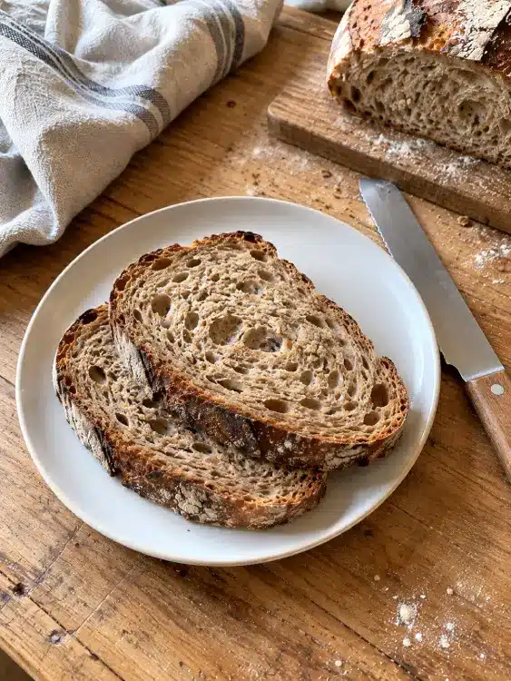 Pain au levain et diabète : est-il vraiment meilleur pour la glycémie ? Deux tranches de pain au levain à la mie alvéolée sur une assiette blanche. Pain au levain et diabète.