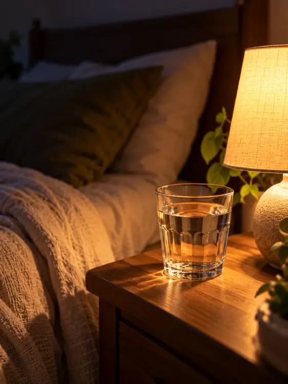 Diabète et réveils nocturnes : comprendre et en discuter Verre d’eau posé sur une table de chevet à côté d’une lampe allumée. Diabète et réveils nocturnes